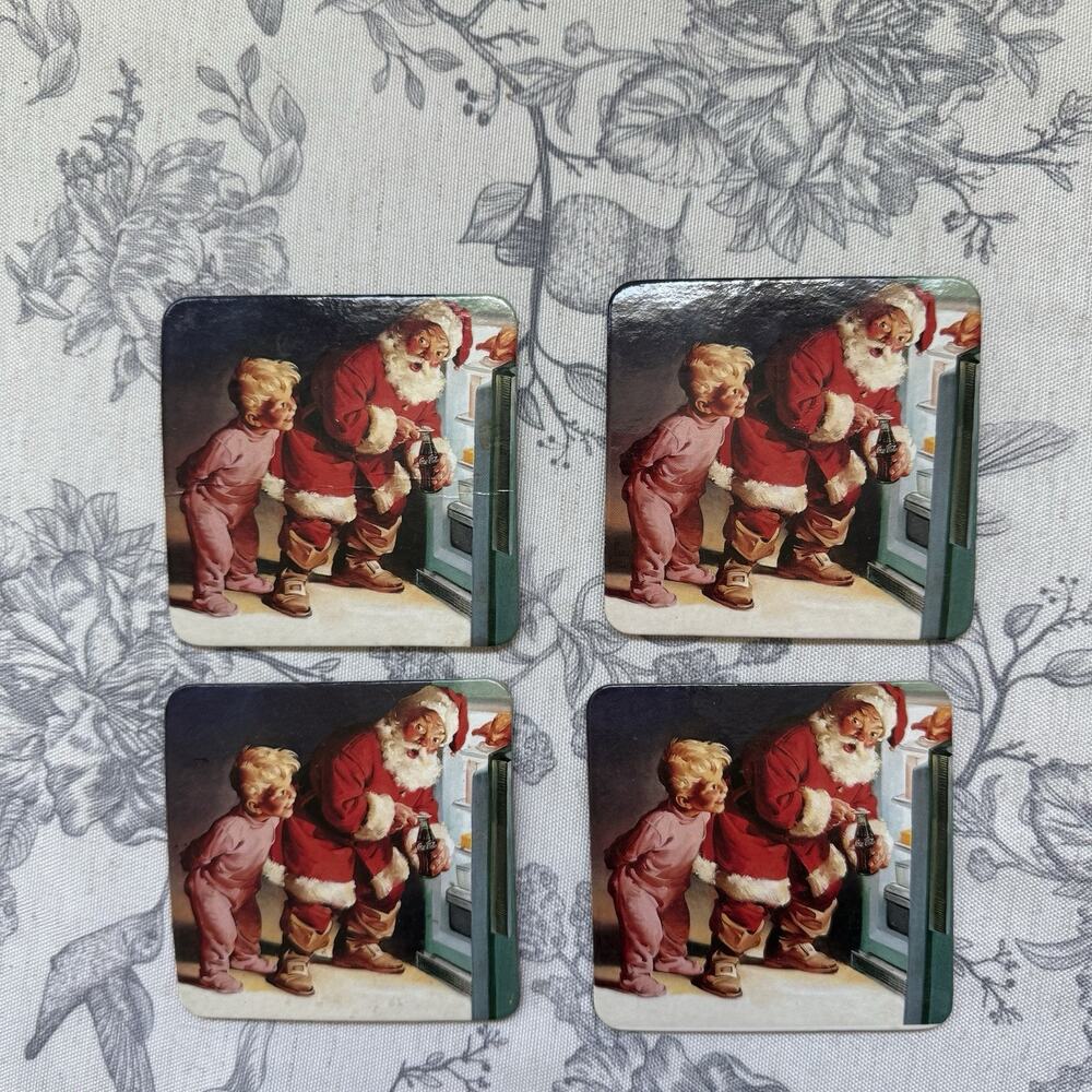 Vtg Coca Cola Coke Christmas Coasters Santa Cork Nostalgia 90s Holiday Set 4